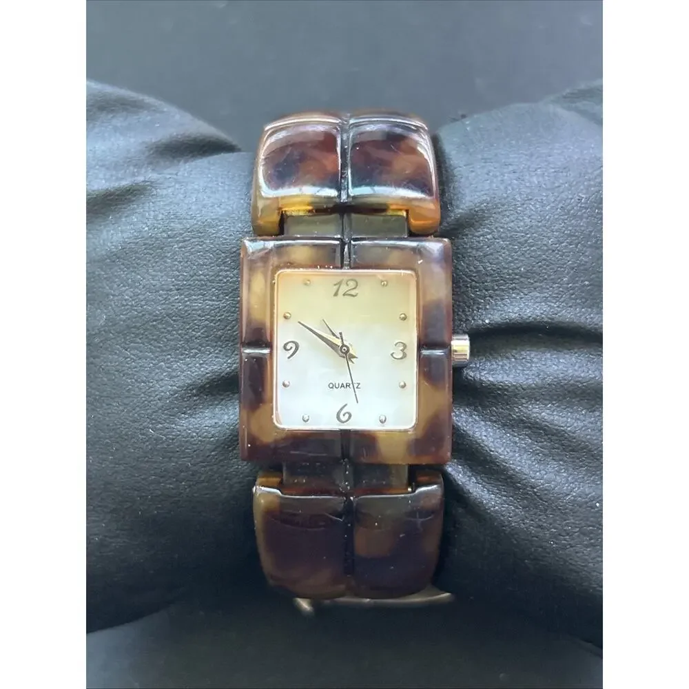 Pearlized Dial Faux Tortoise Shell Band Women’s Cuff Watch